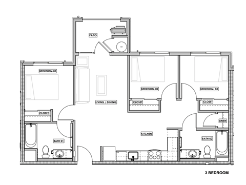 Floor plan for 3 beds, 2 baths, 900 sqft